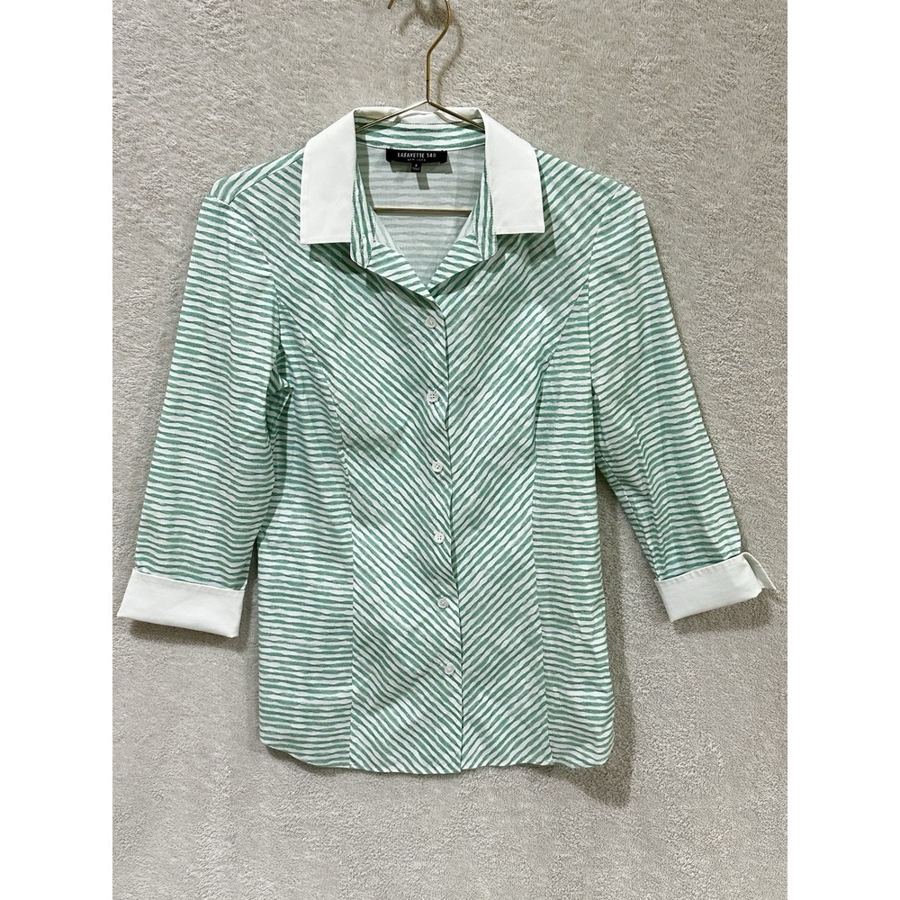 Lafayette 148 Striped Button Up Shirt Size 2 Green‎ White 3/4 Sleeve Luxury - Picture 1 of 6